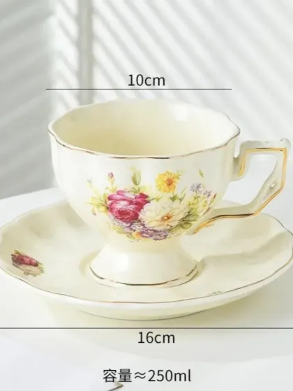 A closer look at one of the English teacup and saucer designs, featuring lovely pink and yellow flowers and gold trim. The dimensions show it holds about 250ml.