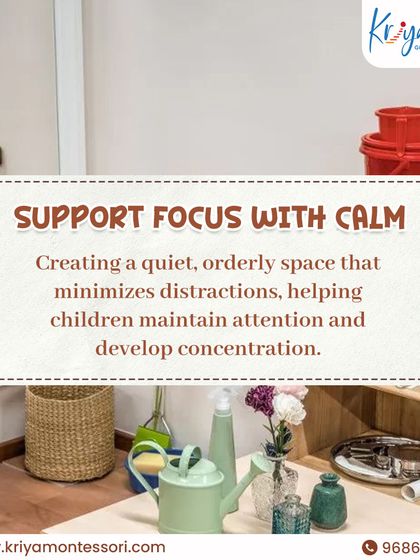 A quiet, orderly space with minimal distractions is key to developing deep concentration. Here, practical life tools like watering cans and brooms are neatly arranged, inviting purposeful work.