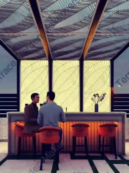 This concept render shows a sleek rooftop bar we can design. Featuring a modern pergola, a fully equipped bar counter, and ambient lighting, it’s the ultimate space for evening entertainment with a view.