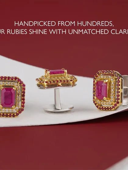 Handpicked from hundreds, my rubies shine with unmatched clarity. These magnificent cufflinks feature large emerald-cut rubies at the center, surrounded by smaller rubies and diamonds in a two-tone gold setting. A true statement of power and luxury.