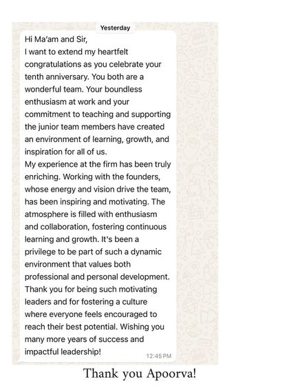 A message from Apoorva on our tenth anniversary. Her words on our commitment to teaching and fostering a learning environment mean the world to us, as mentorship is a core value of our practice.