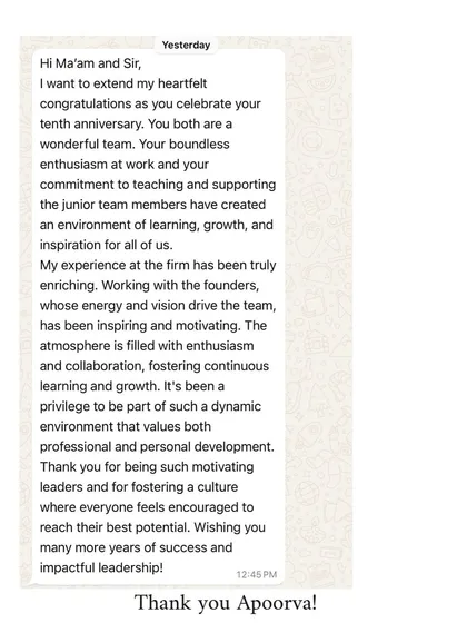 Apoorva's message highlights the "boundless enthusiasm and commitment to teaching" that we strive to bring every day. Fostering a culture of learning is at the heart of our firm.