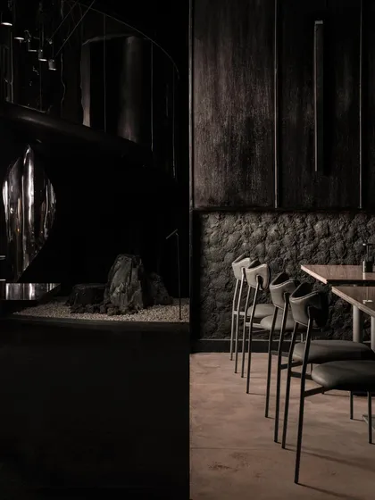 A split view showing the staircase on the left and the dining area on the right, illustrating the journey and the destination.