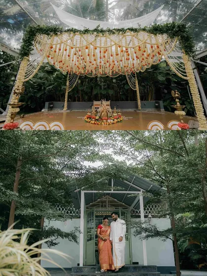 A collage showing the grand scale of the floral mandap and the couple standing at the entrance of the venue, tying the decor to the natural beauty of the location.