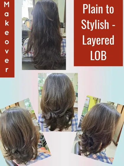 A transformation from a plain, mid-length cut to a stylish layered lob. The new style has more shape, volume, and a modern, sophisticated feel.