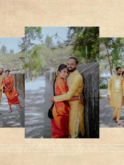 A collage of a couple's moments from their Iyer wedding, capturing their walk together and their loving embraces.