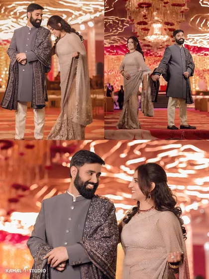 A collage of the couple's portraits, showing them walking together and sharing loving glances at their reception.