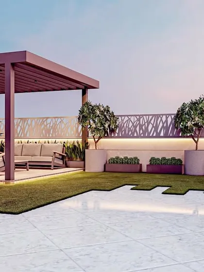 This 3D visualization of a terrace garden in Kirtinagar shows how I plan outdoor spaces. The design includes a modern pergola for shaded seating, an artificial grass lawn for a touch of green, and integrated lighting within the planters and boundary walls to create a beautiful evening ambiance.