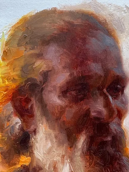 This detail shot shows the complex layering of warm and cool tones to build form. The texture is not just decorative; it is fundamental to how I represent the play of light on skin and hair.