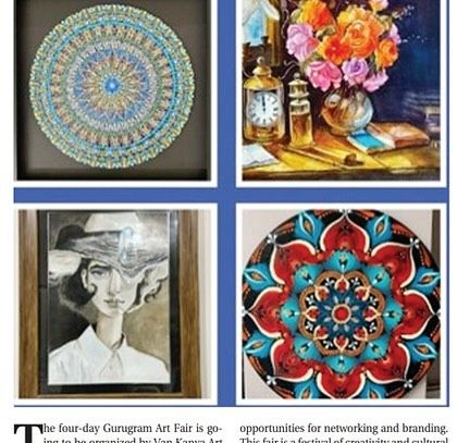 A collage of artworks featured in the press for the Gurgaon Art Fair. These events showcase a wide range of styles, from mandalas to still life paintings.