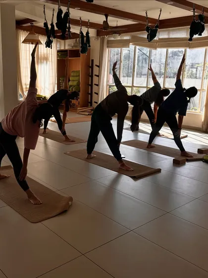 A class holds Triangle Pose, their bodies creating beautiful geometric shapes in the sunlit studio.