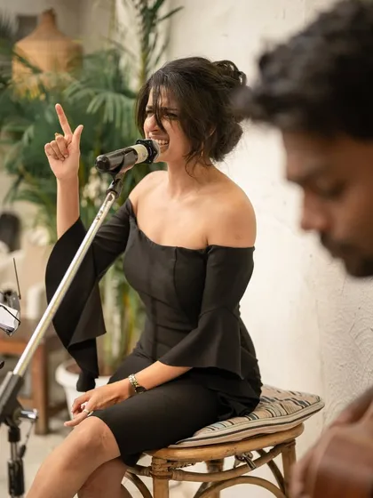An energetic shot from my performance at the Bumble event, where I shared stories and poetry on love.