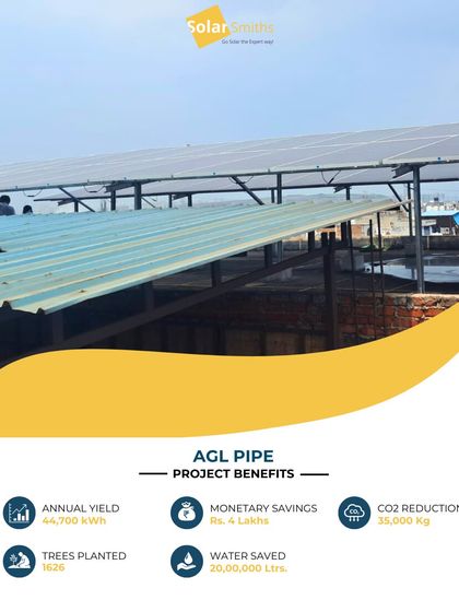 The solar project for AGL Pipe is making a huge difference, with ₹4 lakh in annual savings and a CO2 reduction of 35,000 kg. This is sustainable energy for a better tomorrow.