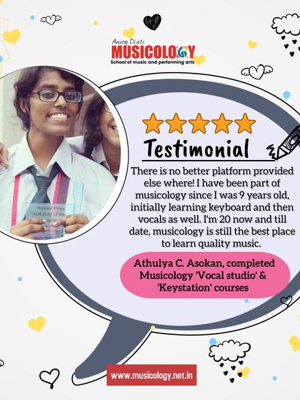 Athulya, a student since she was 9 years old, shares that even after 11 years, Musicology is still the best place to learn quality music.