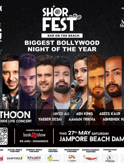 The official poster for Shor Fest, a large-scale beach concert we managed featuring a massive lineup including Mithoon, Javed Ali, and Ash King. This demonstrates our capability to handle complex, multi-artist events.