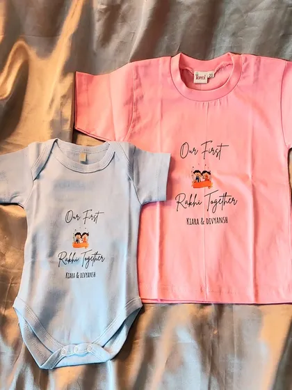 How adorable are these "Our First Rakhi Together" outfits? We created a custom romper for the baby brother and a matching t-shirt for the big sister.