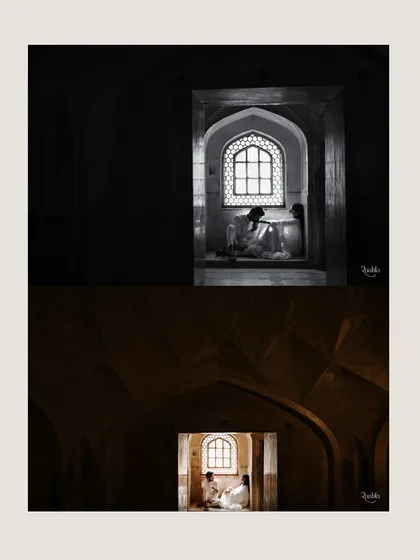 A story told through architecture and light. This diptych frames the couple within a palace window, using both black and white and warm tones to create two different moods.