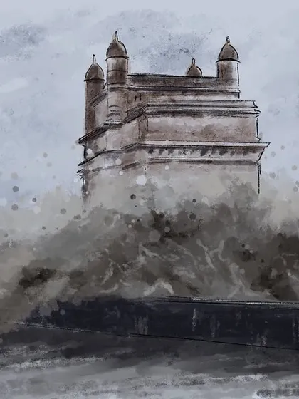 A dramatic scene of a storm at the Gateway of India in Mumbai. I also enjoy illustrating the powerful and moody side of a city, using digital watercolors to create atmosphere and emotion.