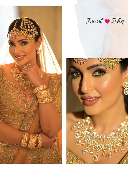 A collage showing the full bridal look and a close-up of the uncut Polki necklace and headpiece. The soft peach lehenga pairs beautifully with the golden jewellery.