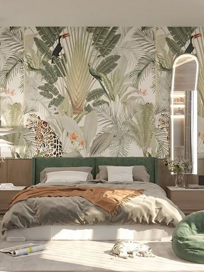 A beautiful bedroom concept with a tropical-themed wallpaper featuring toucans and leopards. This design brings the vibrancy of the jungle indoors, creating a bold and refreshing sanctuary.