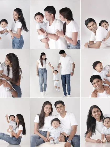 A collage of a family photoshoot in the studio, with parents and their baby boy in matching white tops and jeans, capturing playful and loving moments.