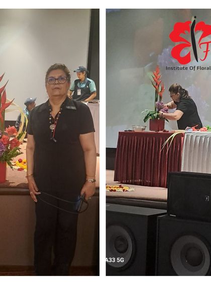 Our instructor giving a floral design demonstration at the Rani Baug Flower Exhibition. We love engaging with the community and sharing our passion for flowers with an enthusiastic audience.