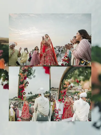 A collage of moments from a vibrant Goa beach wedding, capturing the bride's entry and the joy of the celebration.