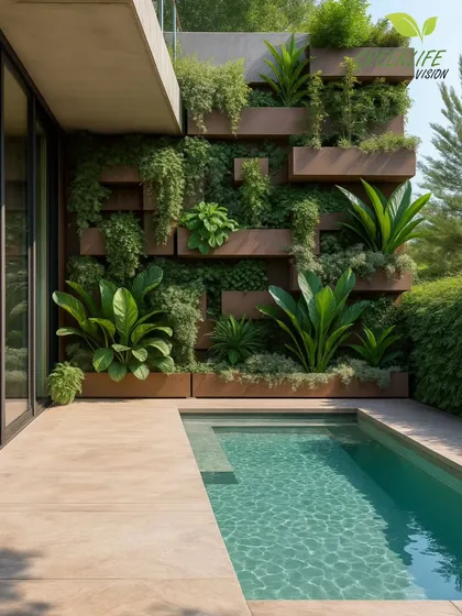 Elevate your pool area with a living work of art. This multi-level vertical garden creates a stunning tropical backdrop, turning your poolside into a five-star resort experience.