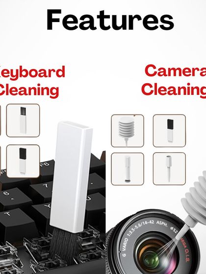 This versatile kit also comes with tools specifically designed for keyboard and camera cleaning, including brushes and an air blower to remove dust from sensitive parts.