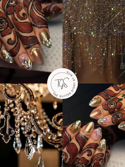 A mood board inspired by the sparkle of chandeliers. This collage pairs a glamorous crystal and glitter bridal nail set with images of dripping crystals and shimmering lights.