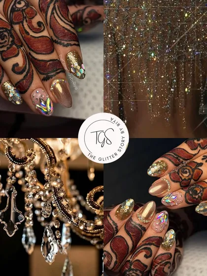 This inspiration board captures the essence of a glamorous, glittery wedding. The final nail design reflects the opulence of the chandelier and sparkling details.
