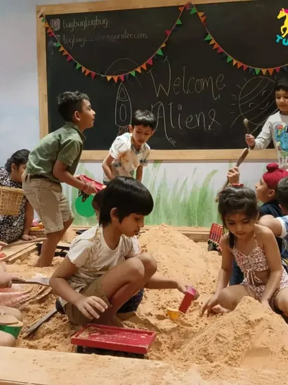 A "Welcome Aliens" themed play session in the sandpit. We love to spark imagination with fun themes and prompts.