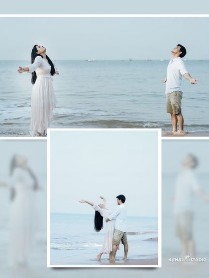 A collage of joyful moments on the beach, with arms outstretched to embrace the sea breeze. This captures the feeling of freedom and happiness.