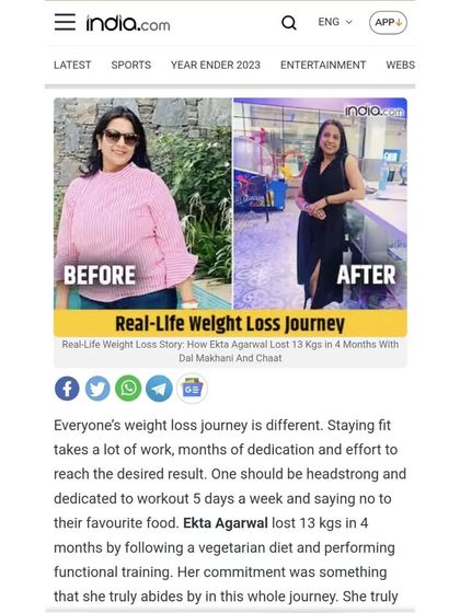 So proud of our member Ekta, whose 13kg weight loss journey was featured on India.com. Her story is a testament to the power of consistent workouts and a healthy diet.