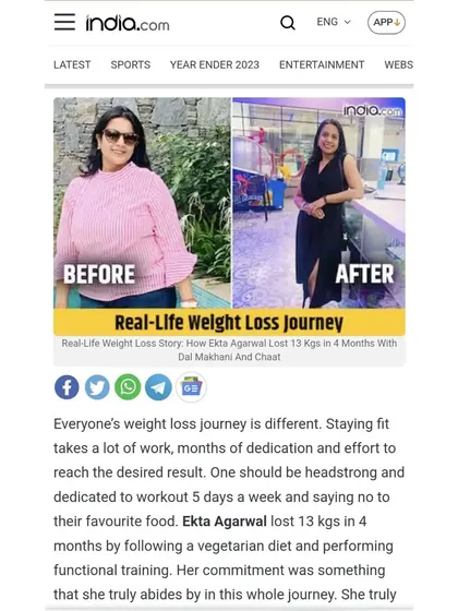 I'm so proud to see my client Ekta's 13 kg weight loss journey featured on India.com. Her dedication to a vegetarian diet and functional training is a fantastic example for everyone.