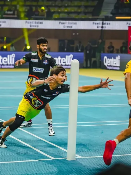 A spectacular pole dive from Pratik Devare, showcasing his agility and precision in a high-pressure game.