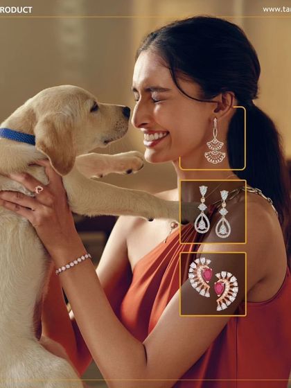 This image for a Tanishq diamond campaign evokes a feeling of pure joy. The styling is modern and relatable, pairing a simple terracotta-colored dress with elegant diamond earrings and a bracelet, showing how fine jewellery can be part of everyday special moments.