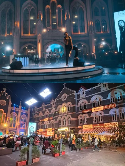 A wide before-and-after of the 'Saiyaara' street set. The bottom image shows the location in plain light, while the top shows the cinematic transformation achieved with our lighting and set dressing.