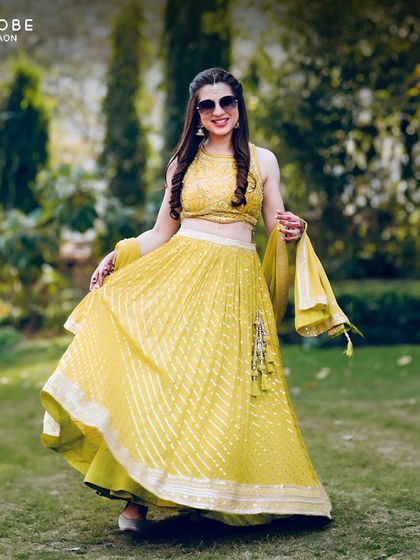 Rent your perfect Haldi outfit and glow brighter than the festivities. This vibrant yellow lehenga is light, fun, and perfect for dancing.