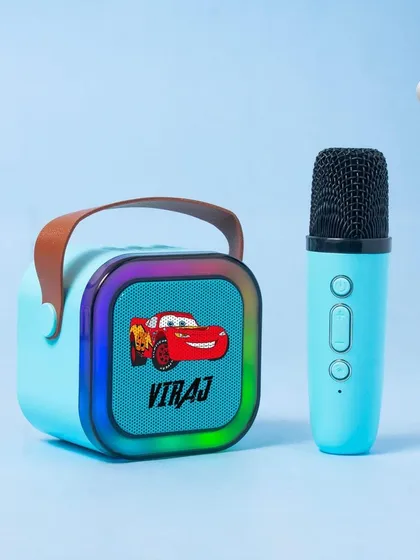 A 'Cars' themed karaoke speaker set for 'Viraj'. The speaker even has cool LED lights that change with the music.
