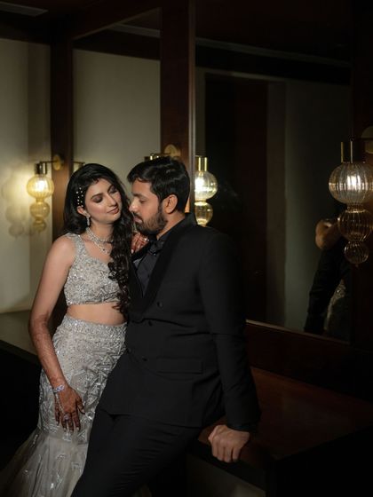 A final portrait of the couple, their looks perfectly coordinated for a night of elegance and celebration.
