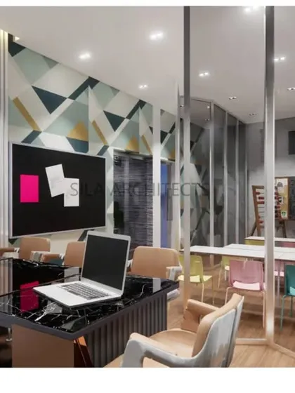 A 3D render of our design for SIP Abacus, a learning center in Basavanagudi. The design for the main office and reception area uses playful geometric patterns and a bright color palette to create a welcoming environment for children.
