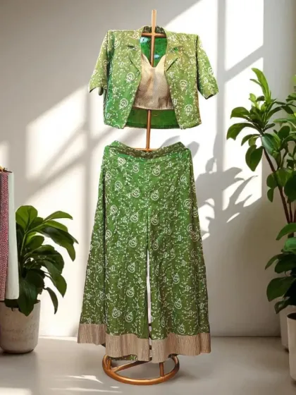For those moments that call for something a little different, or 'hatke'. This green printed co-ord set is my take on modern festive wear. It combines the comfort of cullotes with a glamorous bustier and a chic jacket, perfect for a Mehendi celebration.