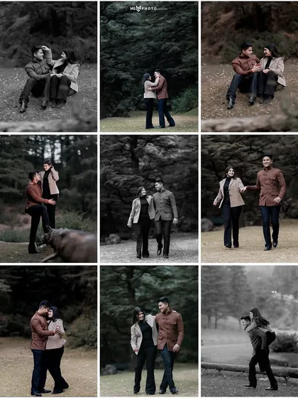 A grid-style collage showcasing multiple candid and walking shots from a forest pre-wedding shoot. This is a great way to show the variety of moments captured.