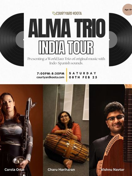 The poster for the Alma Trio India Tour, featuring Carola Ortiz on jazz clarinet, Vishnu Ramprasad on the Navtar, and Charu Hariharan on mridangam and world percussion.