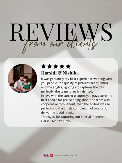 "You guys were the best choice for pre wedding shoot." Harshil and Nishika share their best experience, praising the stunning quality of the pictures, the perfect editing, and the cooperative team.