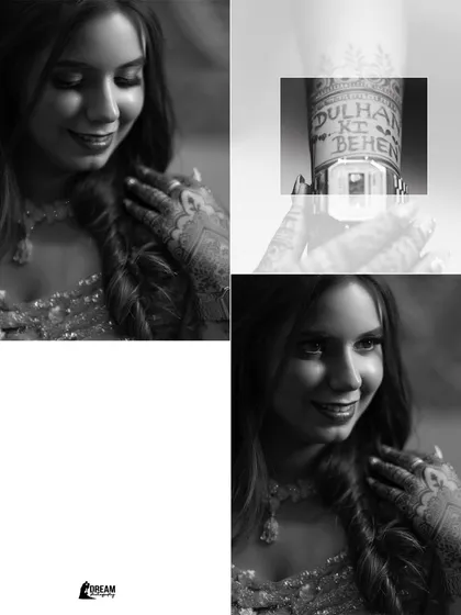 A creative black and white collage celebrating the sister of the groom, with a fun "Dulhan ki Behen" (Bride's sister) detail.