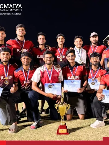 Victory under the lights. Our K J Somaiya Institute of Management Cricket Team celebrates their championship win at the Inter-Management College T-10 Tournament. This moment captures the culmination of teamwork, strategy, and relentless practice.