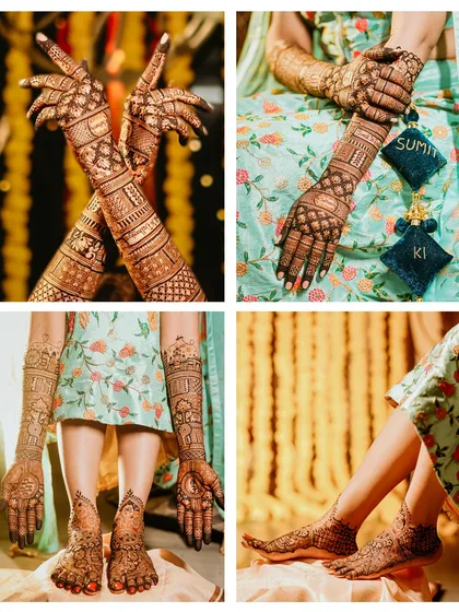 A collage dedicated to the beautiful and intricate art of bridal mehndi, showing the designs on both hands and feet.