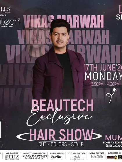 An event poster for my exclusive hair show at the Beautech Expo in Mumbai, where I'll be live on the main stage.